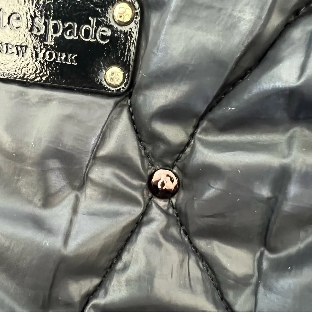 KATE SPADE Stevie Black Quilted Nylon Patent Leather Studded Shoulder Bag Tote